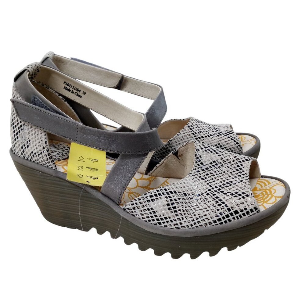 Fly London Yosi Snakeskin Gray White Wedge Open Toe Sandals Size 39 Us 8-8.5 New